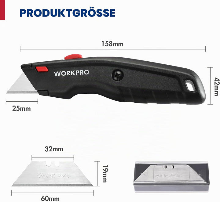 WORKPRO Premium Teppichmesser-Set, Einziehbarer Universalmesser aus Vollmetall, Strapazierfähiger Cu