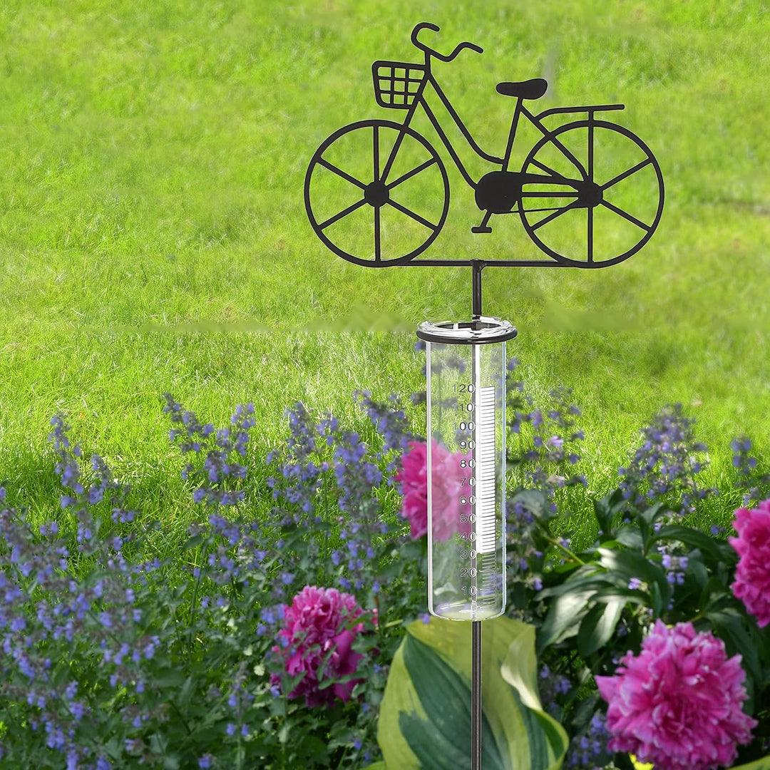 Cepewa Gartenstecker Regenmesser Fahrrad │ 18x90x5,5cm Metall Glas │ Messzylinder Niederschlagsmesse