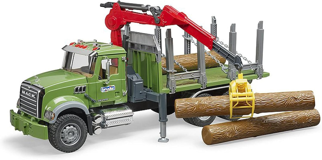 bruder 02824 - Mack Granite Holztransport-LKW mit Ladekran, Greifer & 3 Baumstämmen - 1:16 Holztrans