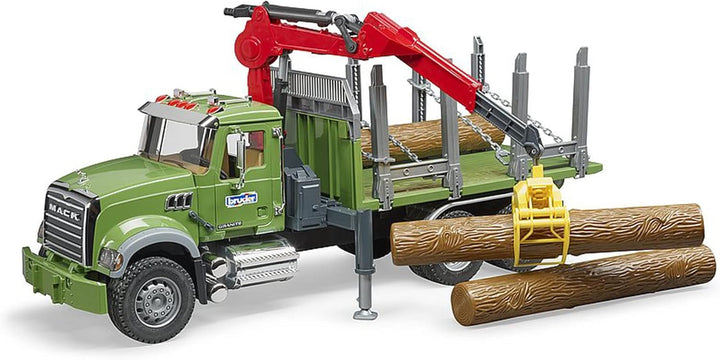 bruder 02824 - Mack Granite Holztransport-LKW mit Ladekran, Greifer & 3 Baumstämmen - 1:16 Holztrans