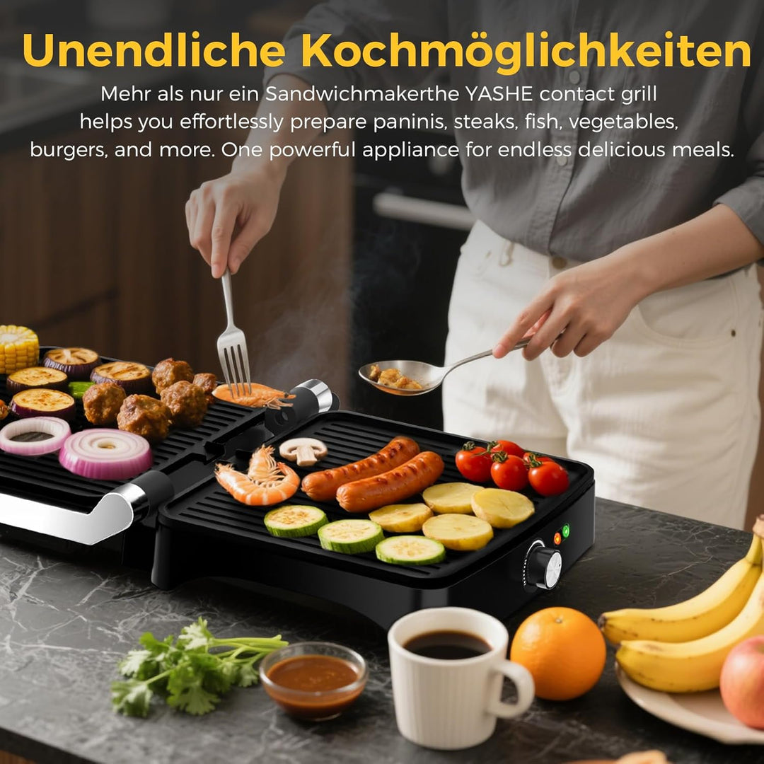 YASHE 2000W Kontaktgrill, Panini Grill mit 4 Scheiben, 180° Öffnung, Antihaftplatten, Temperatur ein