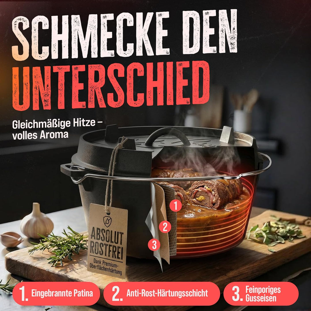 AMZBBQ® Premium Dutch Oven – Doppelt Eingebrannter Gusseisen Feuertopf – Rostbeständiger Schmortopf