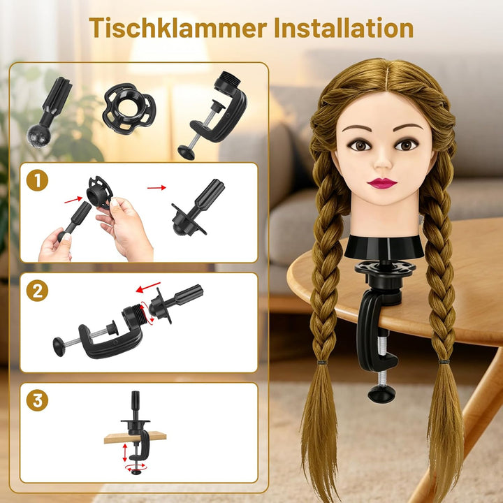 TwoWin Frisierkopf 80% Echthaar, Übungskopf 24 Zoll /60cm Friseurkopf, Trainingskopf für Friseure fü