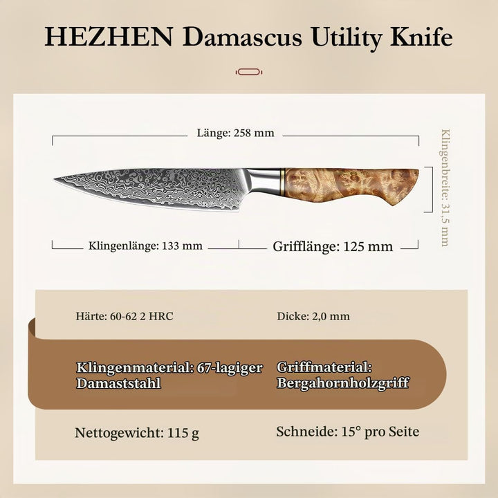 HEZHEN 12.5cm Universalmesser,scharfe Klinge-Damaskus Stahl Rosenmuster-Multifunktionales VG10 Gemüs