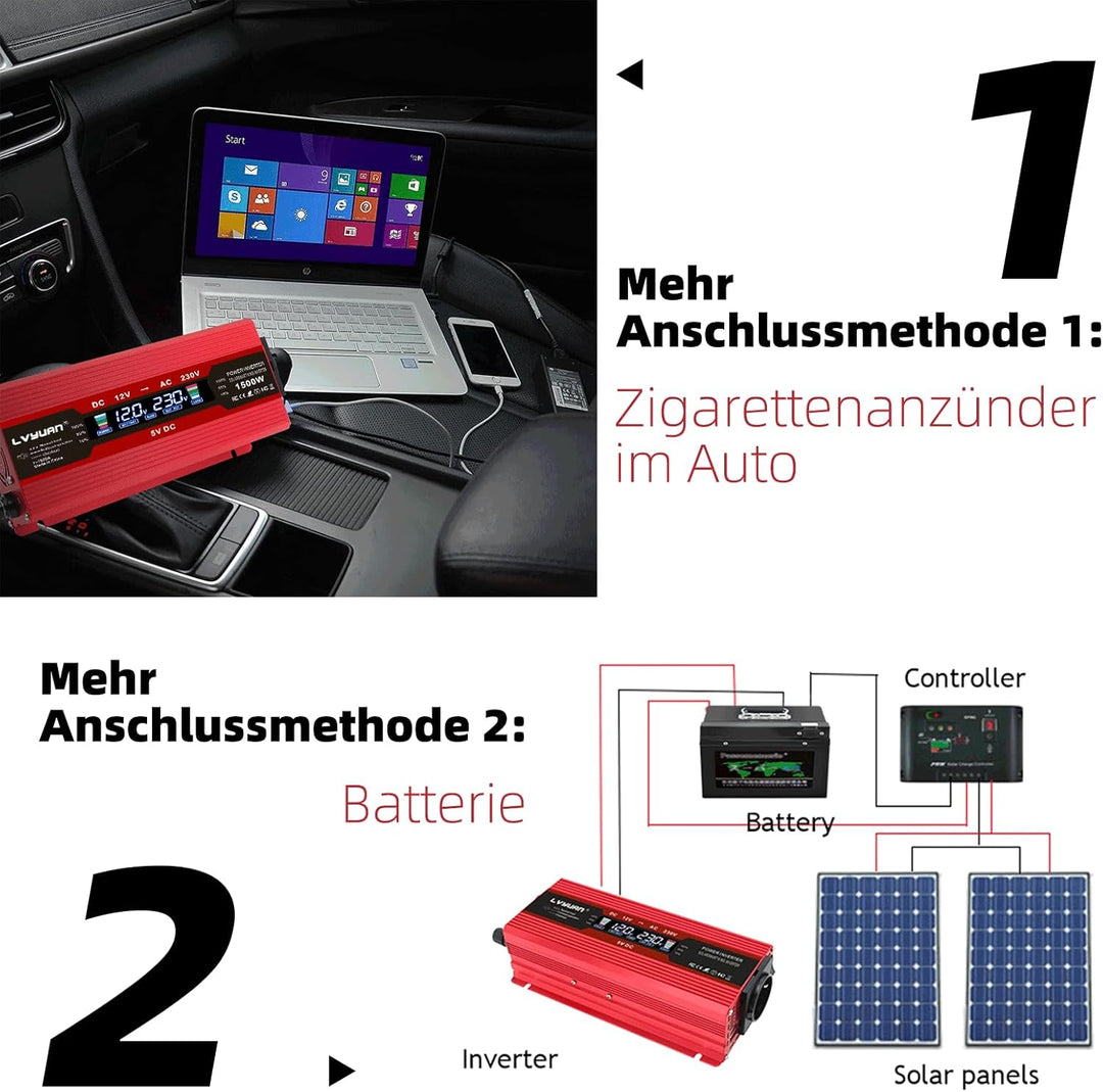 LVYUAN Wechselrichter 12V 230V 1500W Spannungswandler Stromumwandler Inverter mit 2 USB LCD EU Steck