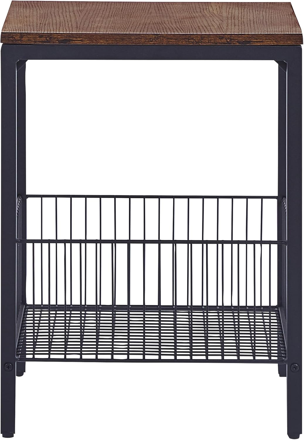 Beistelltisch dunkler Holzfarbton / schwarz Metallbeine mit Drahtkorb Bruni