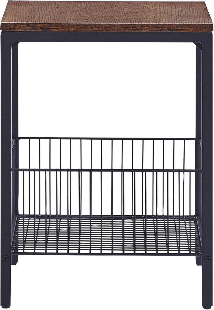 Beistelltisch dunkler Holzfarbton / schwarz Metallbeine mit Drahtkorb Bruni