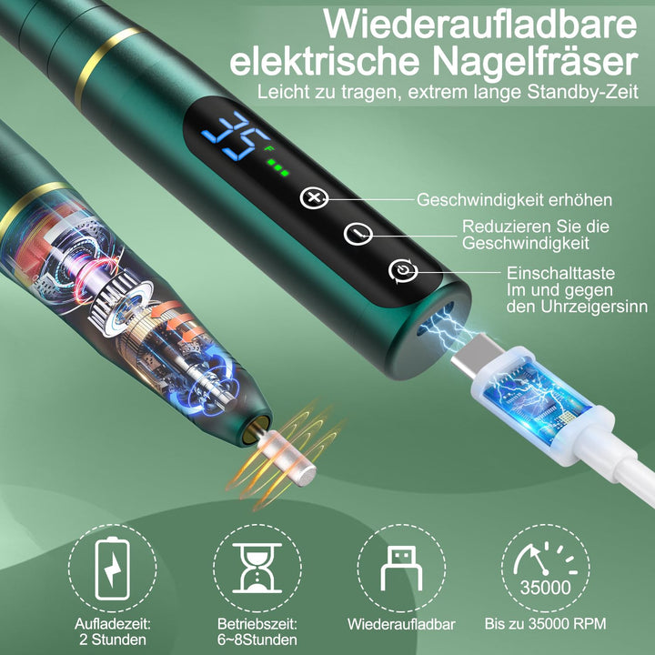 Nagelfräser Set Elektrisch,NAILGIRLS 11 in 1 Aufladbare Professional Electric Nail Drill Machine,Pro