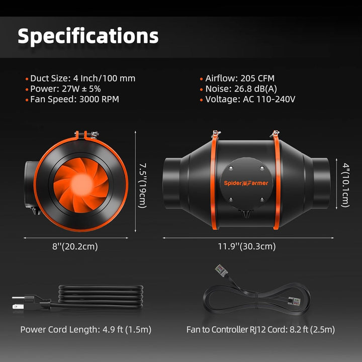 SPIDER FARMER 10,2 cm Inline Kanalventilator mit Temperatur- und Luftfeuchtigkeitskontrolle, Entlüft