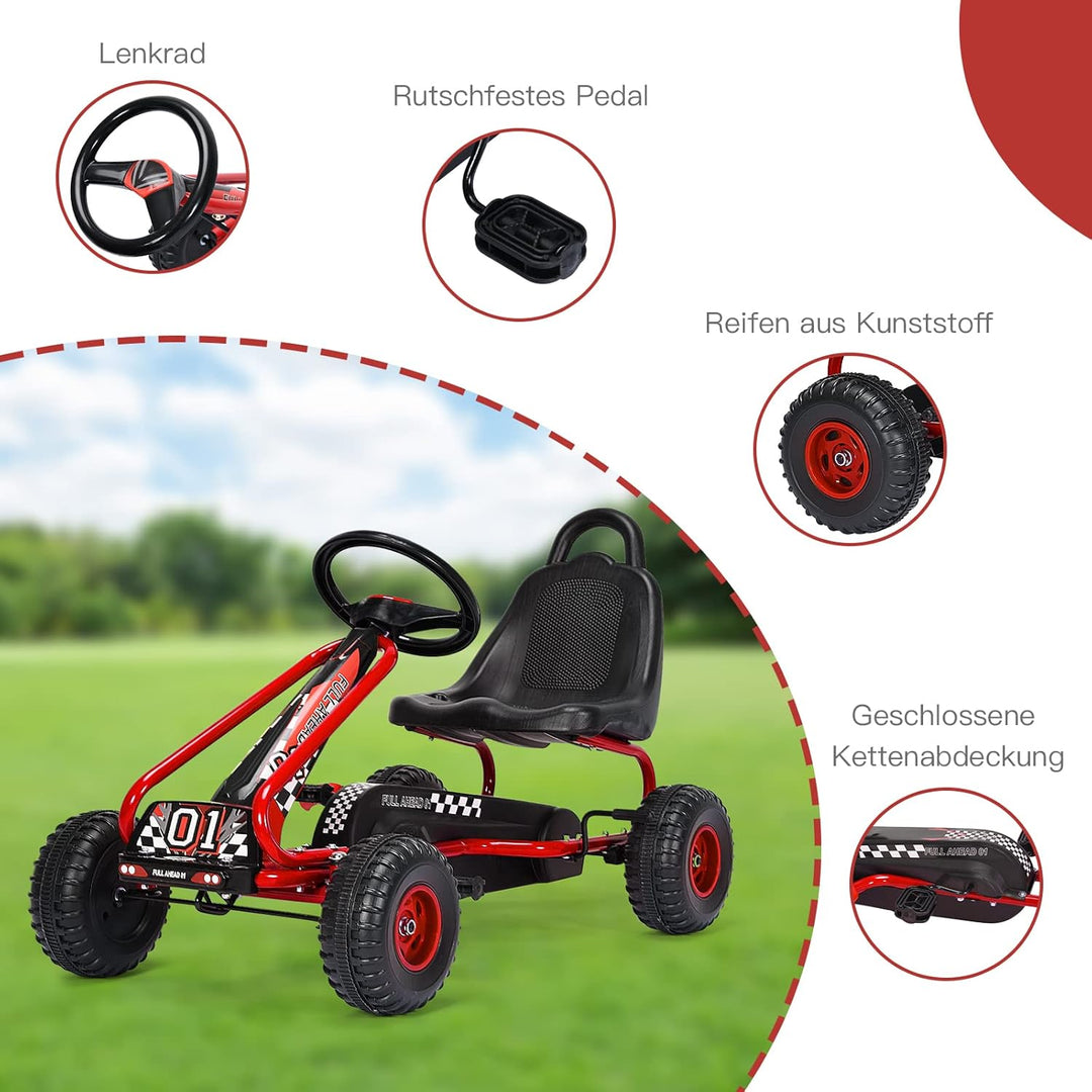 RELAX4LIFE Kinder Gokart mit Handbremse & verstellbarem Sitz, Tretauto mit hohem Sicherheitstandard,