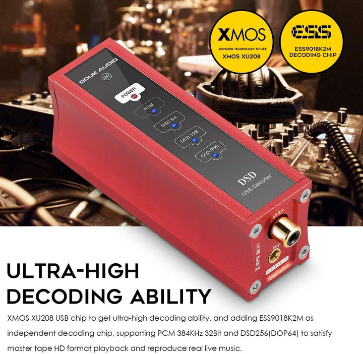 Douk Audio Q2 Mini DAC XMOS XU208 USB Audio Converter Coaxial Digital Interface DSD256 (Red), Red