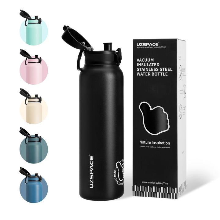 UZSPACE Edelstahl Trinkflasche 1l (970ml), Isolierte Thermosflasche mit 1-Klick-Öffnung, 100% Auslau