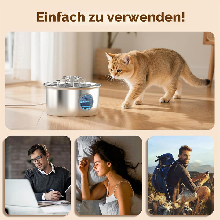 Katzenbrunnen für Katzen Edelstahl Katzentrinkbrunnen: 2.6L Katzenbrunnen für Katzen - Super Silent
