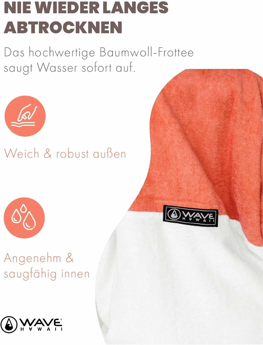 WAVE HAWAII Bade-Poncho Damen & Herren| Grösse M 160-190cm I 95% Baumwolle Surf-Poncho für Erwachsen