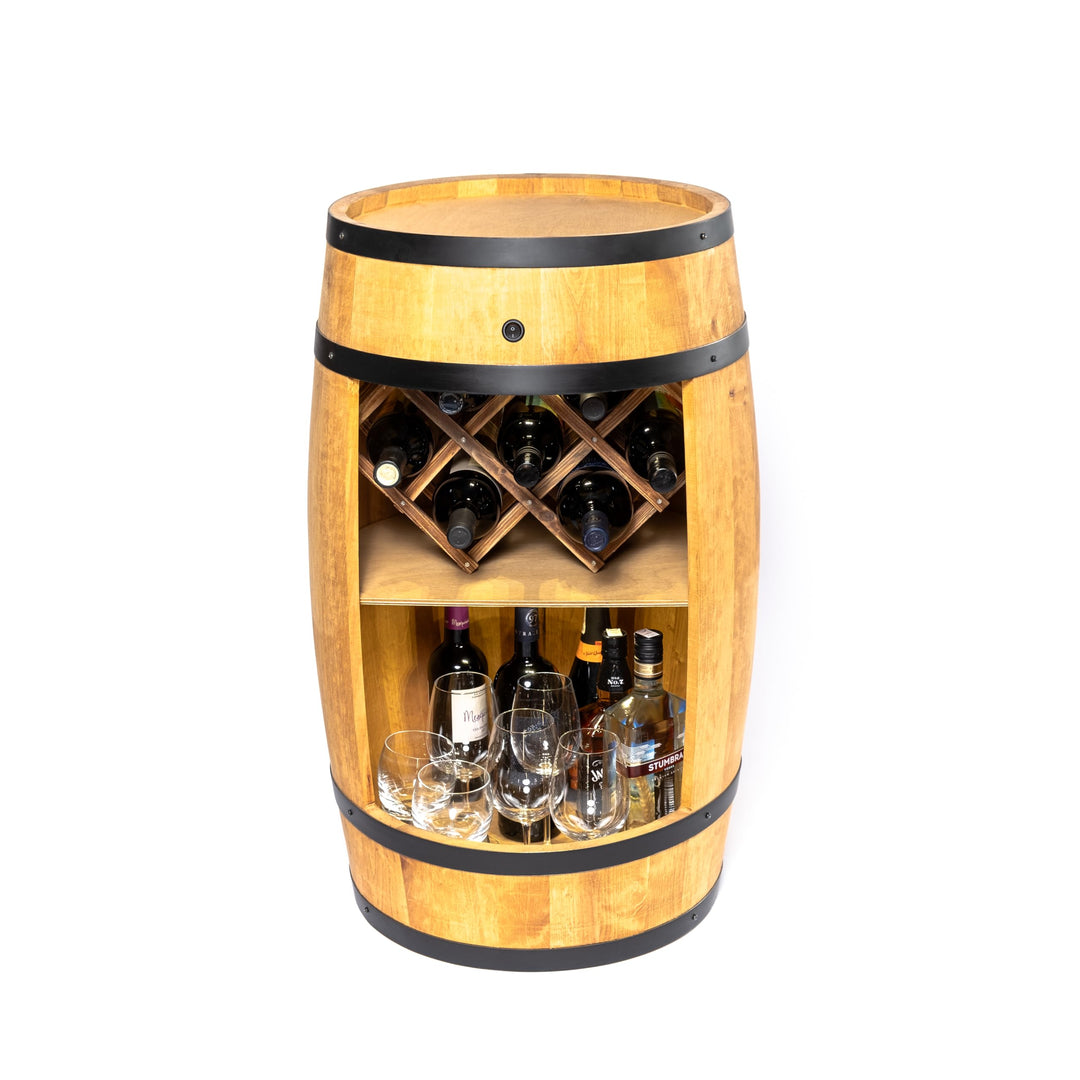 CREATIVE COOPER Fass bar mit Weinhalter - Weinregal LED- Holzfass Hausbar 80x50cm - Rustikaler deko