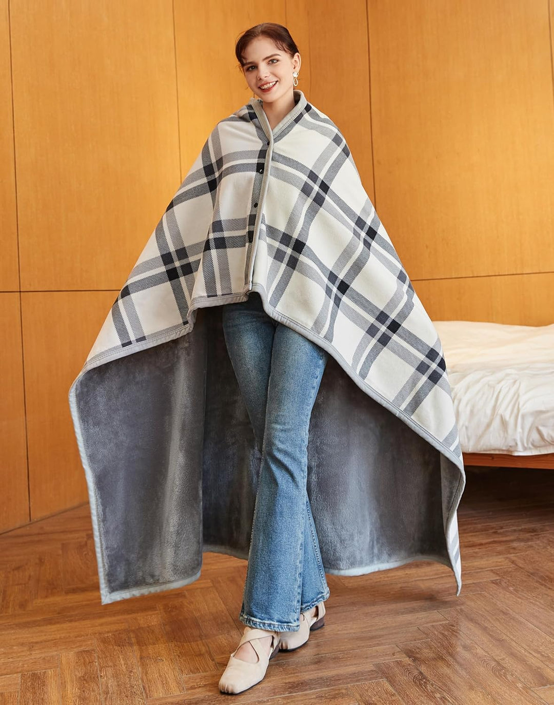 SIVENKE Damen Poncho Fleece Tragbare Decke, Karierte Schossdecke Bequemer Poncho Plüschdecken Überwu
