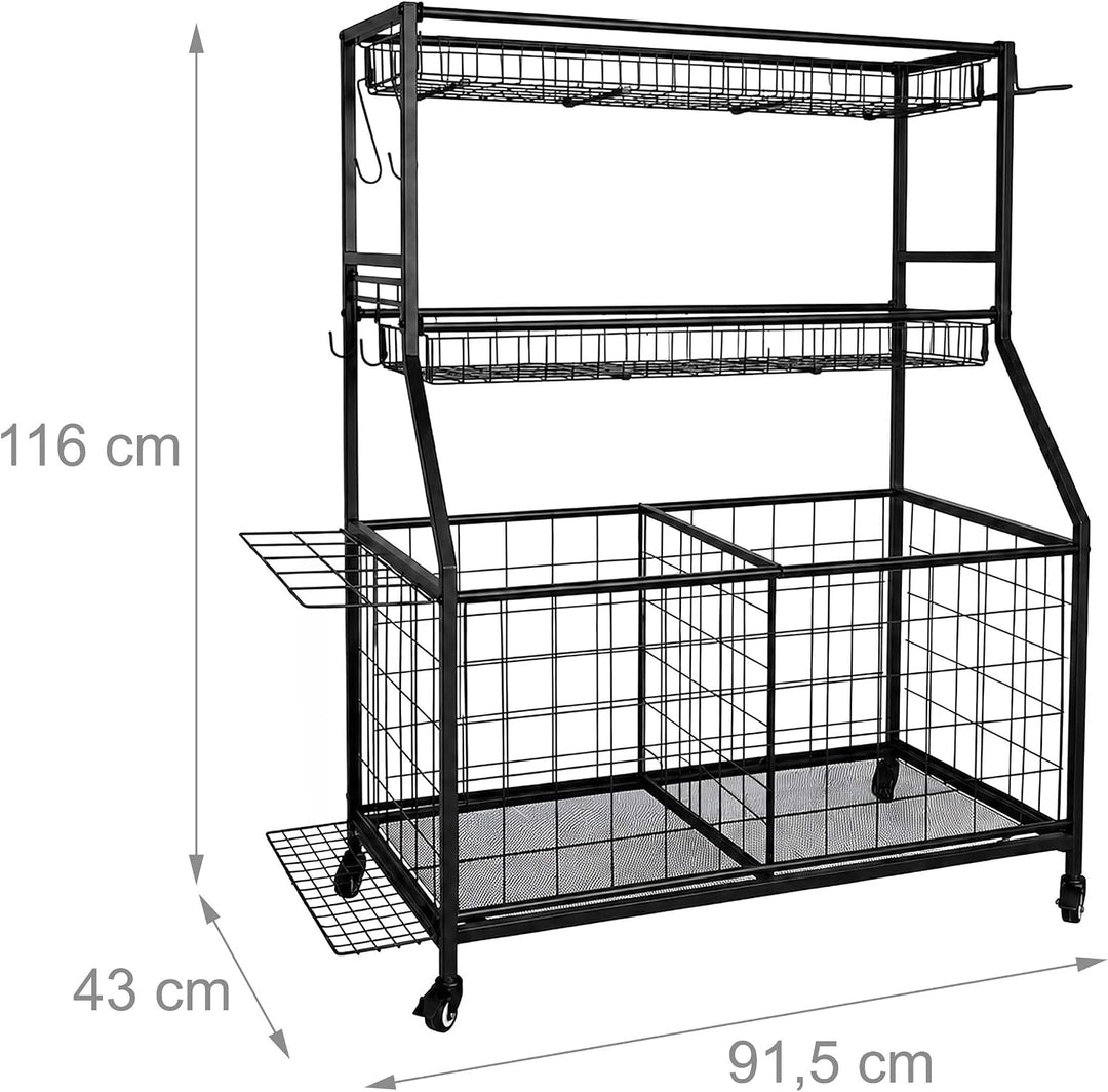 Relaxdays Sportgeräte Aufbewahrung, HBT: 116 x 91,5 x 43 cm, 4 Rollen, mit Bremse, Metall, Ballwagen