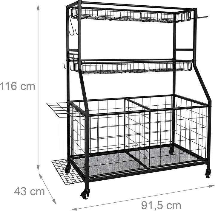 Relaxdays Sportgeräte Aufbewahrung, HBT: 116 x 91,5 x 43 cm, 4 Rollen, mit Bremse, Metall, Ballwagen