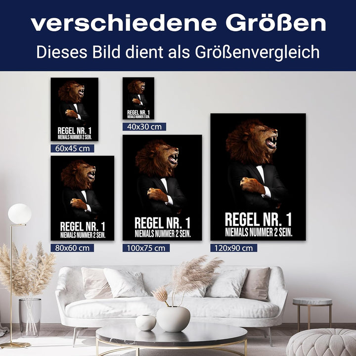 wandmotiv24 Leinwand-Bilder Löwen, Grösse 60x45cm, Hochformat, Löwe in Anzug, Regel, Katze, Tiere, M