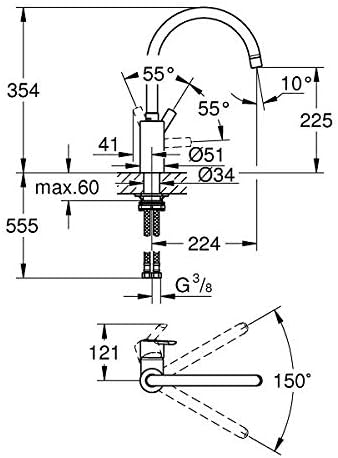 GROHE Feel - Einhand Spültischarmatur (C-Auslauf, Schwenkbereich wählbar: 0° / 150°, hoher Auslauf),