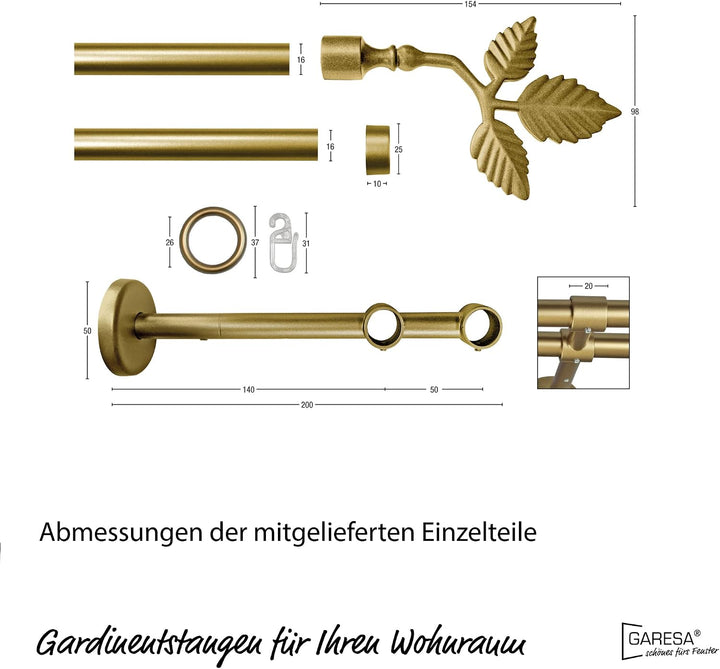 Garesa Gardinenstange Rustika Ø 16mm, 2-läufig, Gold, matt I Rustikale Vorhangstange aus Metall inkl