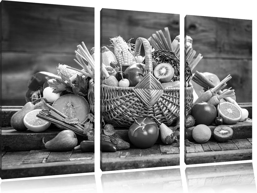 Pixxprint Frisches Obst und Gemüse im Korb Kunst B&W 3-Teiler Leinwandbild 120x80 Bild auf Leinwand
