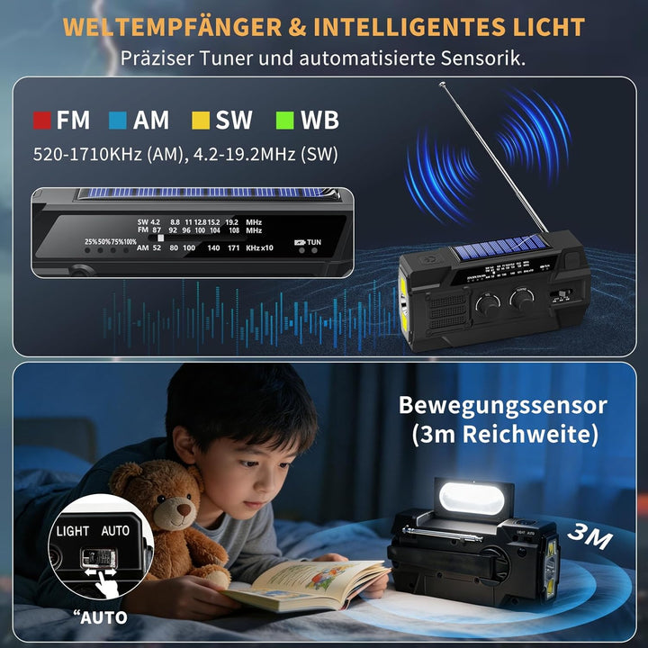 Kurbelradio 4000mAh Notfallradio mit Solar, Bewegungsempfindlicher Radio mit kurbel AM/FM/SW,LED-Tas