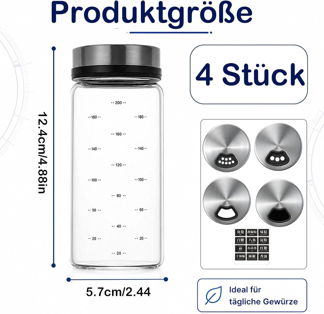 4 Stück 200ml Gewürzgläser mit Drehdeckel , Borosilikatglas Gewürzstreuer , 4-fach Verstellbare Stre