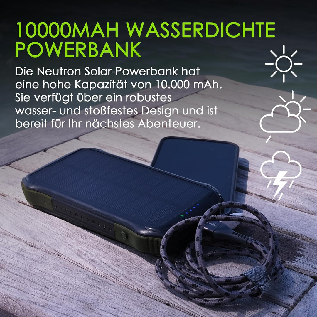 Boompods Neutron 10000mAh Power Bank Solar, tragbares Ladegerät, Solar Powerbank mit Schnellladefunk