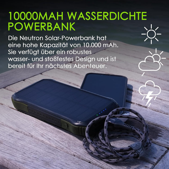 Boompods Neutron 10000mAh Power Bank Solar, tragbares Ladegerät, Solar Powerbank mit Schnellladefunk