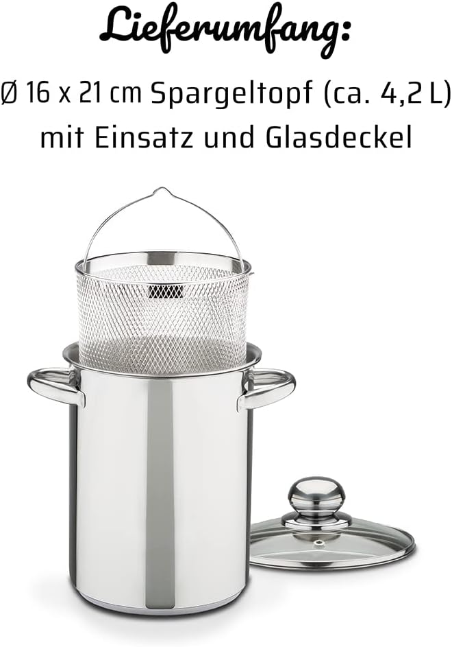 GSW Spargeltopf – hochwertiger Topf mit Einsatz-Sieb und Glasdeckel, ideal zum Kochen von Spargel, P