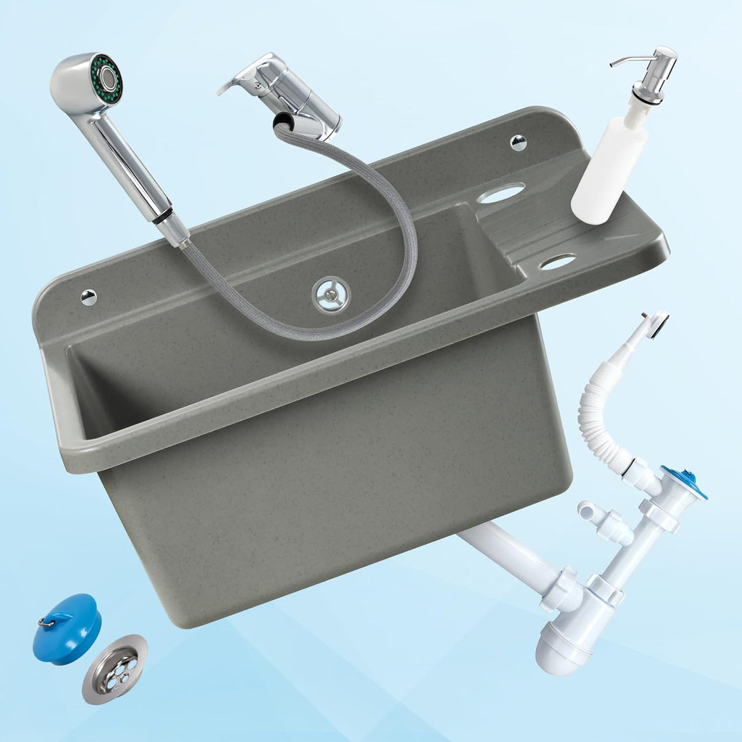 GOSPO Ausgussbecken aus Polypropylen, 50,5 x 34 x 26,5 cm, Spülbecken mit Armatur, Siphon, Seifenspe