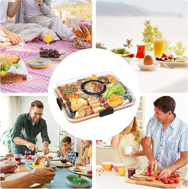 Charcuterie Board with Clear Lid and Handle, Portable Bamboo Snackle Box Container Cutting Board Che