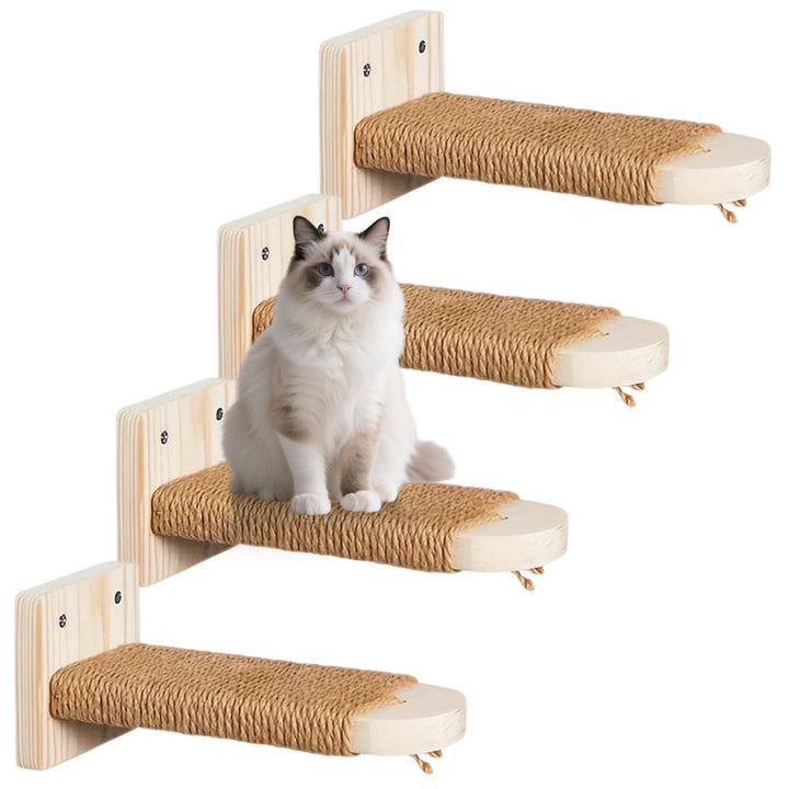 4 Stück Katzentreppe Wand: Holz Katzen Kletterwand aus Massives Gummiholz, Katzenleiter Set, Katzenw