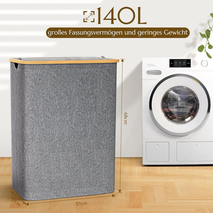 Wäschekorb mit Deckel 2 Fächer, 140L Wäschesammler schmal mit herausnehmbaren Wäschesack Laundry Bas