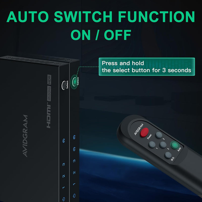 HDMI Switch 4K 60Hz, AVIDGRAM HDMI 2.0 Umschalter 3 in 1 Out, 3 Port HDMI Selector Box mit IR-Fernbe