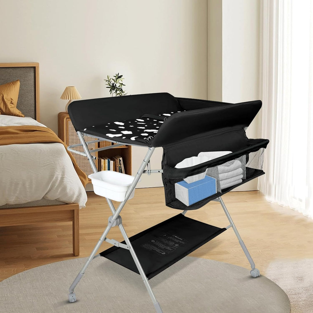 OHMG Baby Wickelkombi Klappbare Wickelkommode,Wickeltisch mit Rollen,Mobiler Wickeltisch mit Wickela