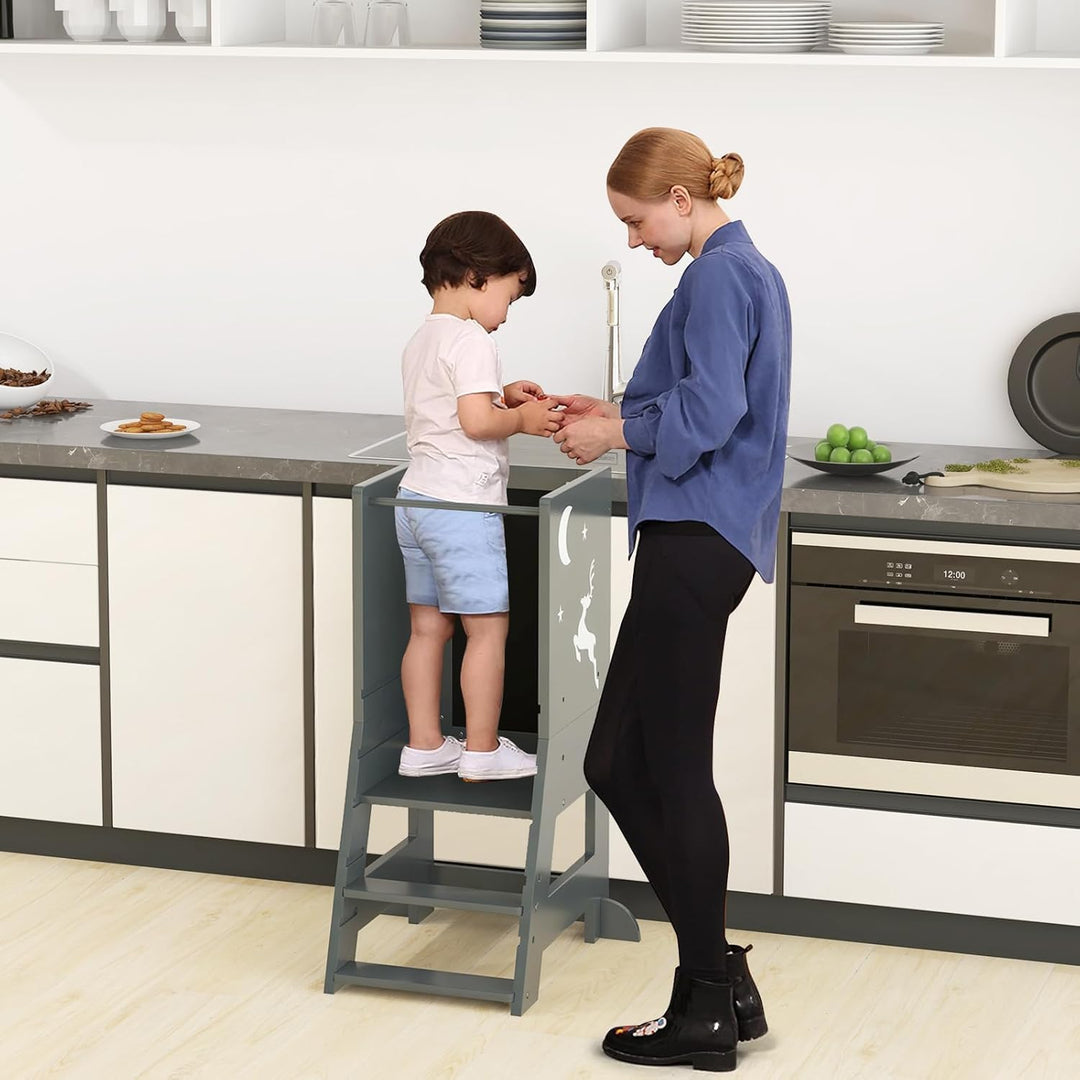 COSTWAY Lernturm kinder, 2 in 1 Tritthocker montessori mit 3 verstellbare Höhen & doppelseitiger Taf