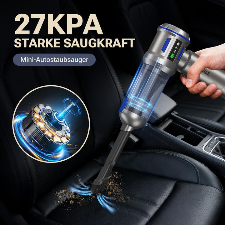 Handstaubsauger Akku, 27000Pa/150W Autostaubsauger Kabellos, 250.000 U/min Mini Staubsauger, Aufladb