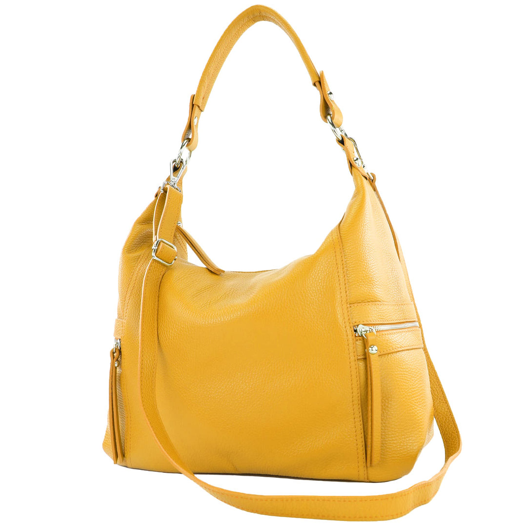 modamoda de - T229 - ital Schultertasche Shopper aus Leder Senfgelb, Senfgelb