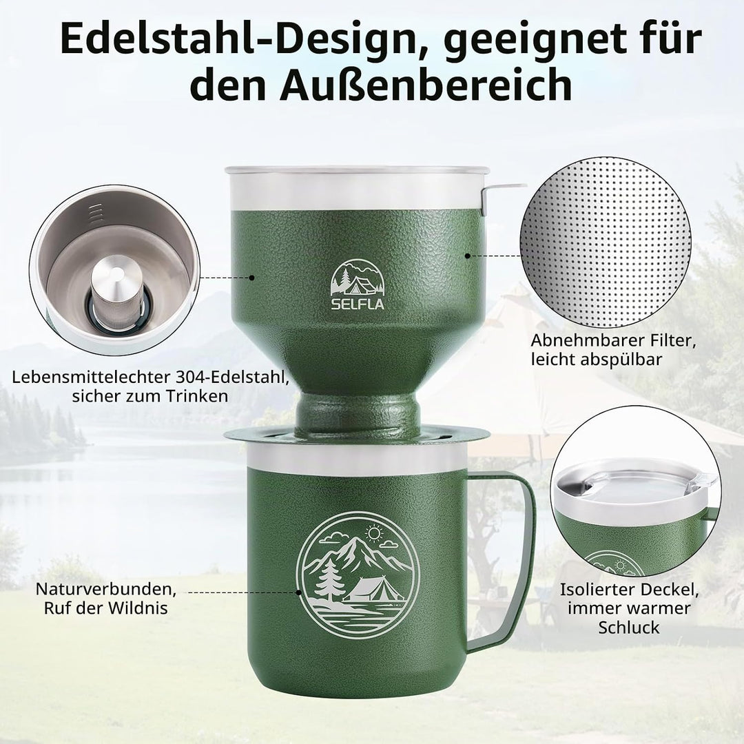 Edelstahl-Kaffeetropfer-Set, Outdoor-Kaffeetropfer, Wiederverwendbarer Filter &amp; Isolierbecher (473ml