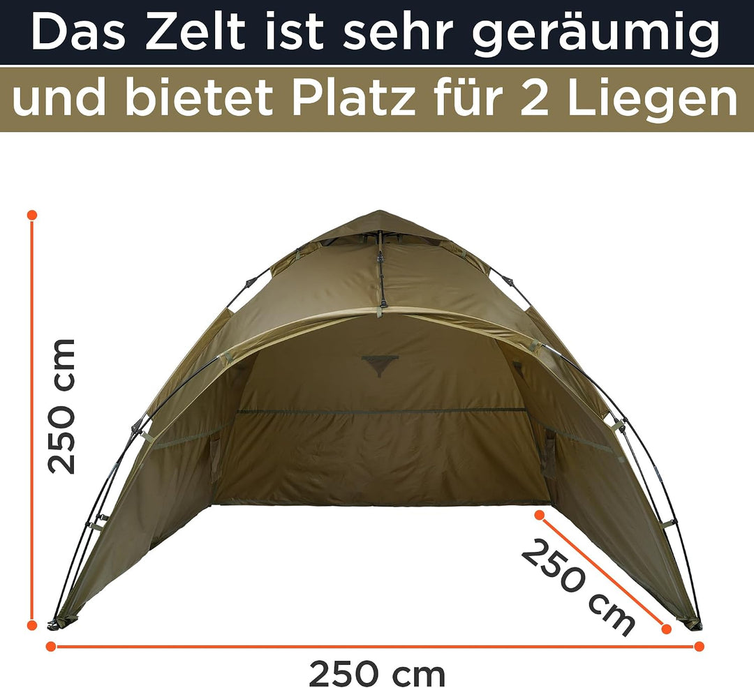Q-Tac Ruck Zuck Bivvy Angelzelt Vorne Geöffnet, 2 Mann Karpfenzelt, Angel Zelt 250 cm x 250 cm x 160