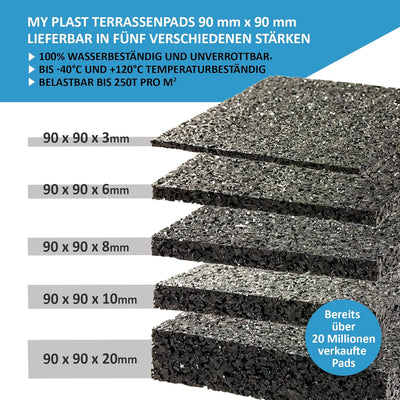 My Plast I 90 x 90 x 20 mm - 100 Stück I Terrassen-Pads – wasserbeständige Gummimatten für Terrassen