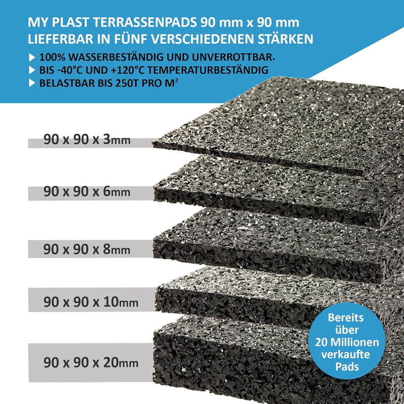 My Plast I 90 x 90 x 20 mm - 100 Stück I Terrassen-Pads – wasserbeständige Gummimatten für Terrassen