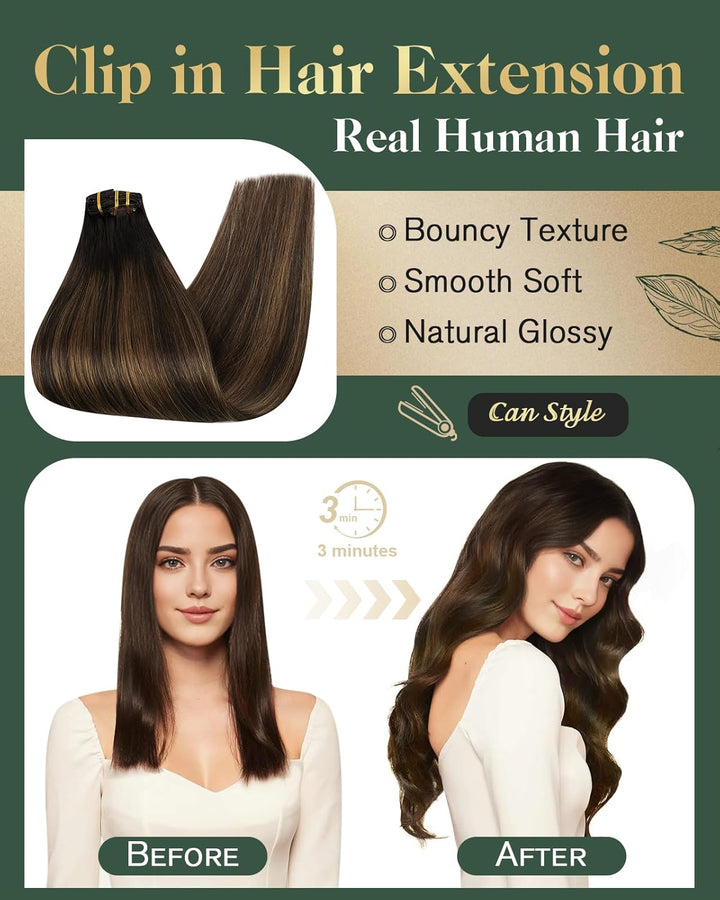 Ugeat Extensions Haare Echthaar Clips 30cm Clip in Extensions Echthaar Balayage Dunkelstes Braun mit