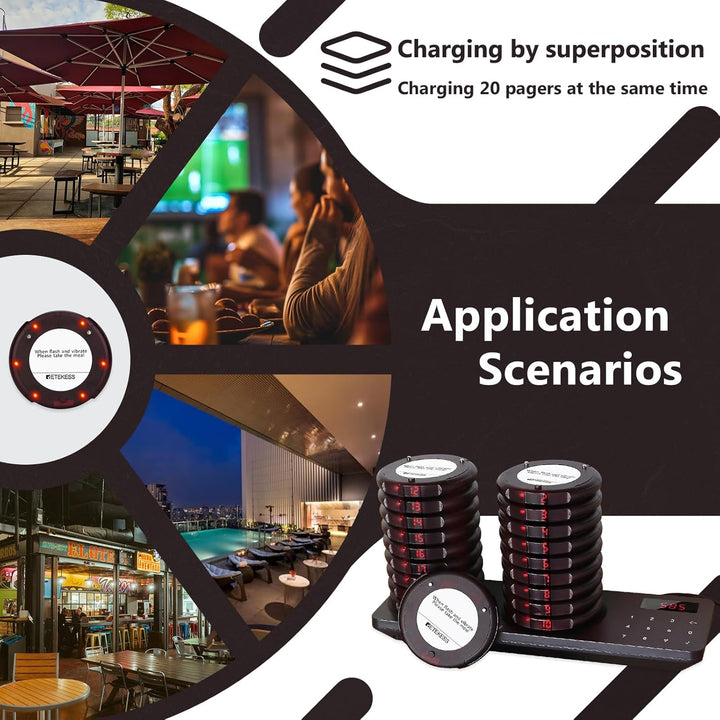 Retekess TD163 Pager System, Mini Restaurant Pager, 20 Untersetzer, Edelstahl-Ladegerät, 4 Anrufmodi