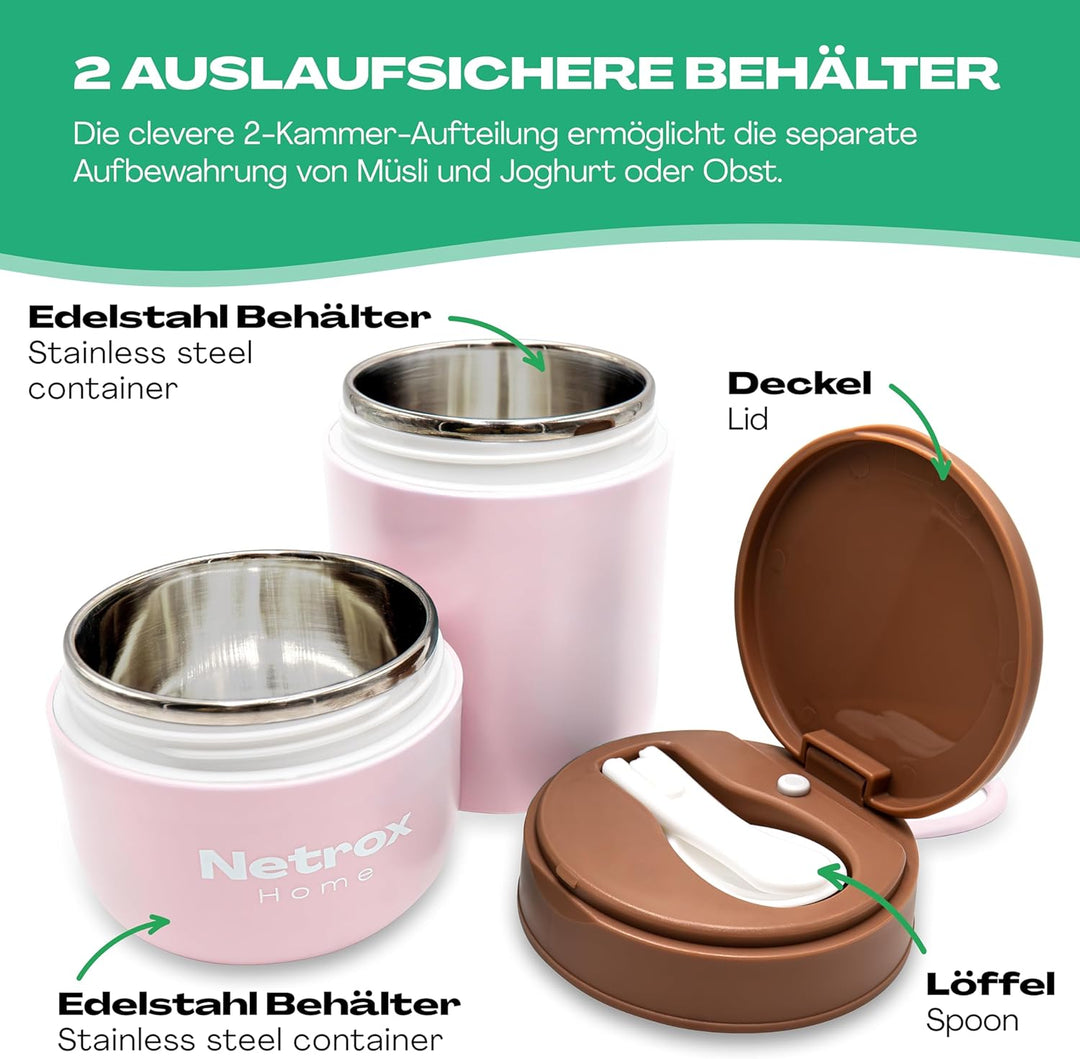 NetroxHome - Müslibecher To Go mit Löffel, Auslaufsicherer Joghurtbecher aus Edelstahl, Lunchbox, Mü