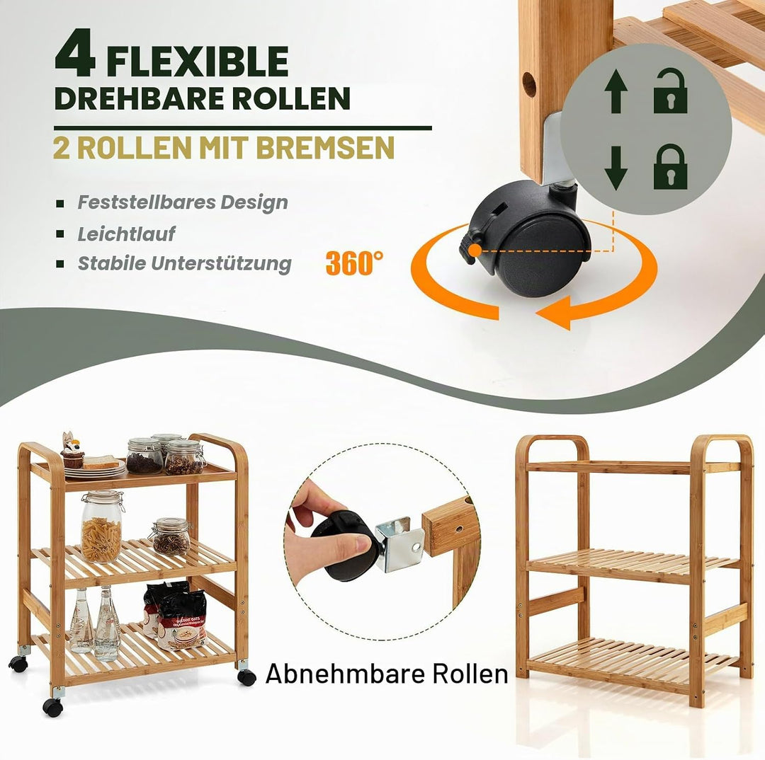 KOMFOTTEU Servierwagen Ebenen aus Bambus, Beistellwagen mit 4 Rädern, Küchenwagen mit seitlichen Gri