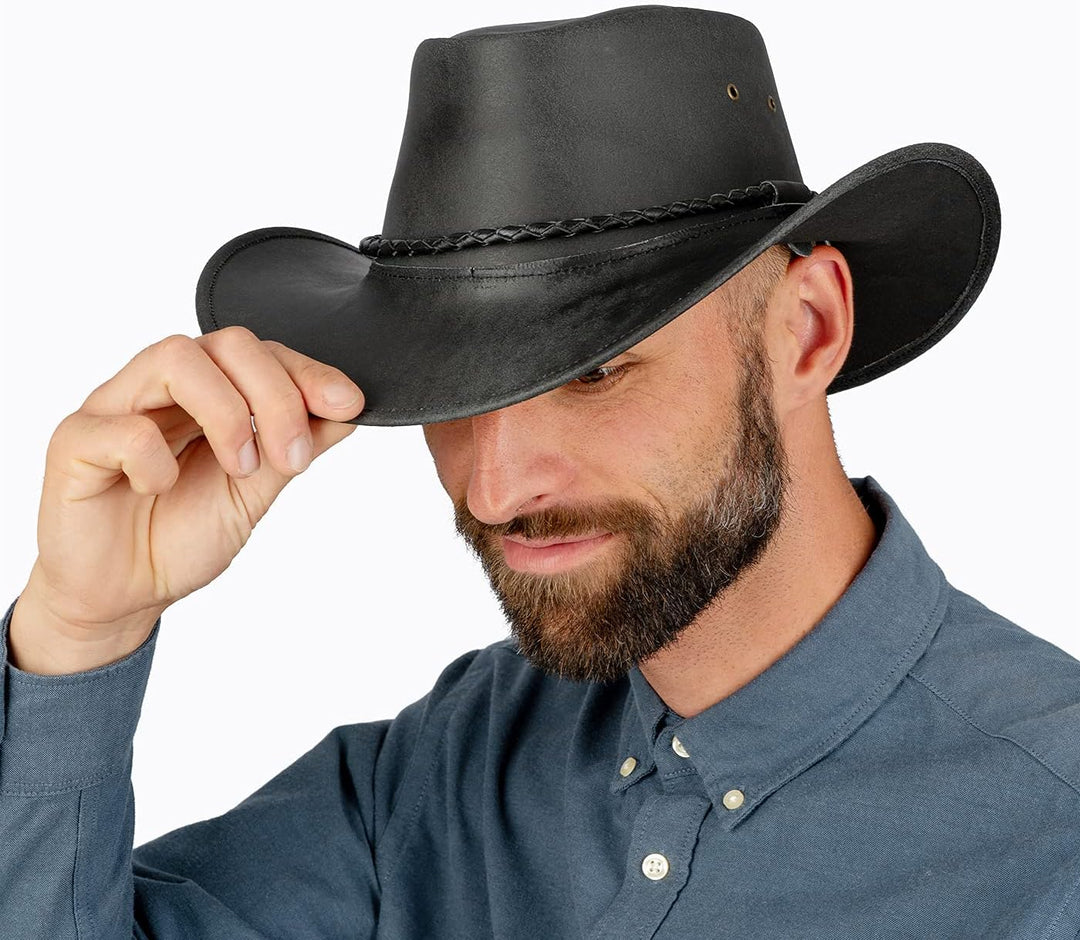 Black Forest Fox® Jero Western Cowboy Reiten Leder Sonnen Hut in versch. Farben M Schwarz, M Schwarz