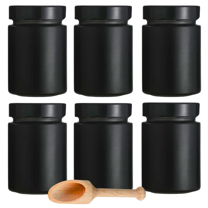 mikken 6 schwarze Gewürzgläser 190 ml, Einmachgläser mit Schraubdeckel inkl. einer Gewürzschaufel Sc